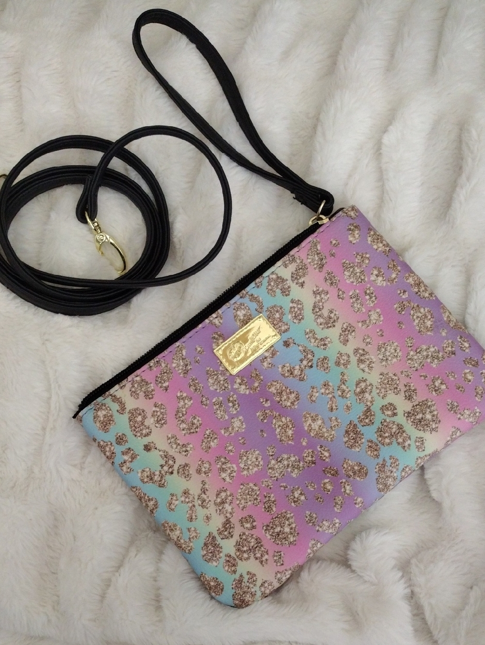 Betsy Johnson Rainbow Neon Leopard Glitter Wristlet Crossbody Bag